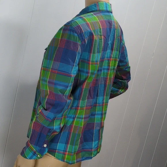 Ralph Lauren Colorful Green & Blue Plaid Snap Button-Up Shirt Large - Picture 9 of 11